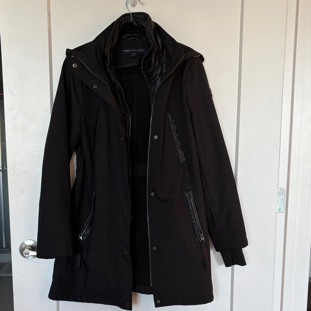 French Connection Black Hooded Coat with Quilted Trim Medium